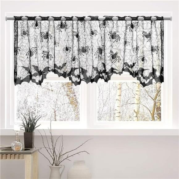 Halloween Lace Window Curtain Spider Web Bats Door Curtain Halloween Decor - Picture 2 of 6